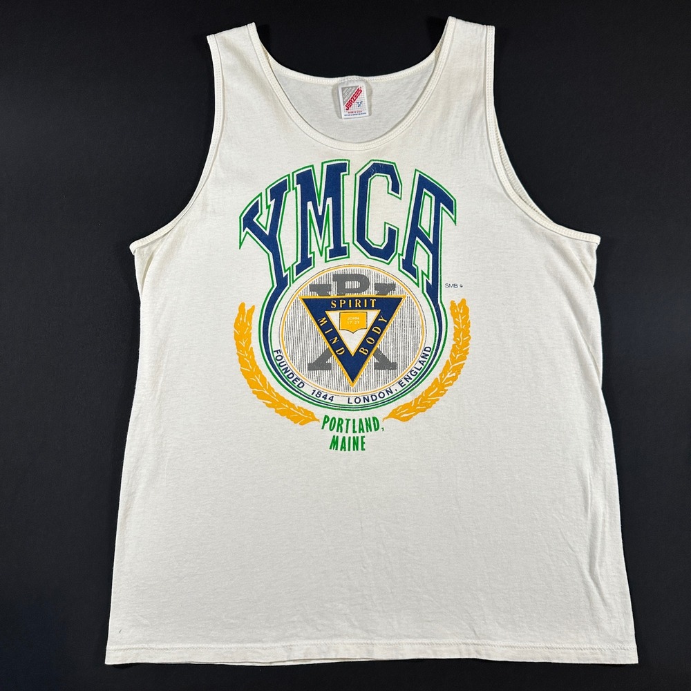 Vtg YMCA Tank Top Jerzees L 90s Portland Maine Spirit Mind Body USA White Tank